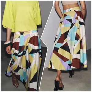 Zara MIDI SKIRT Abstract Geometric Print Multicolor Black Label